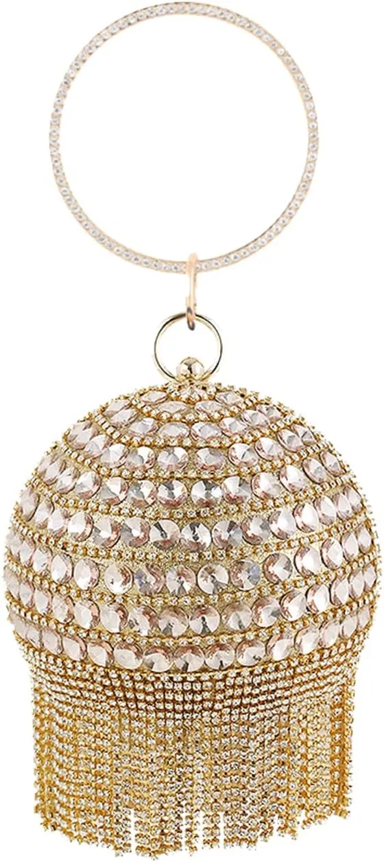 Womens Round Ball Evening Bag Crystal Tassel Clutch Purse Sparkly Rhinestone Shoulder Bag Bridal Wedding Purse