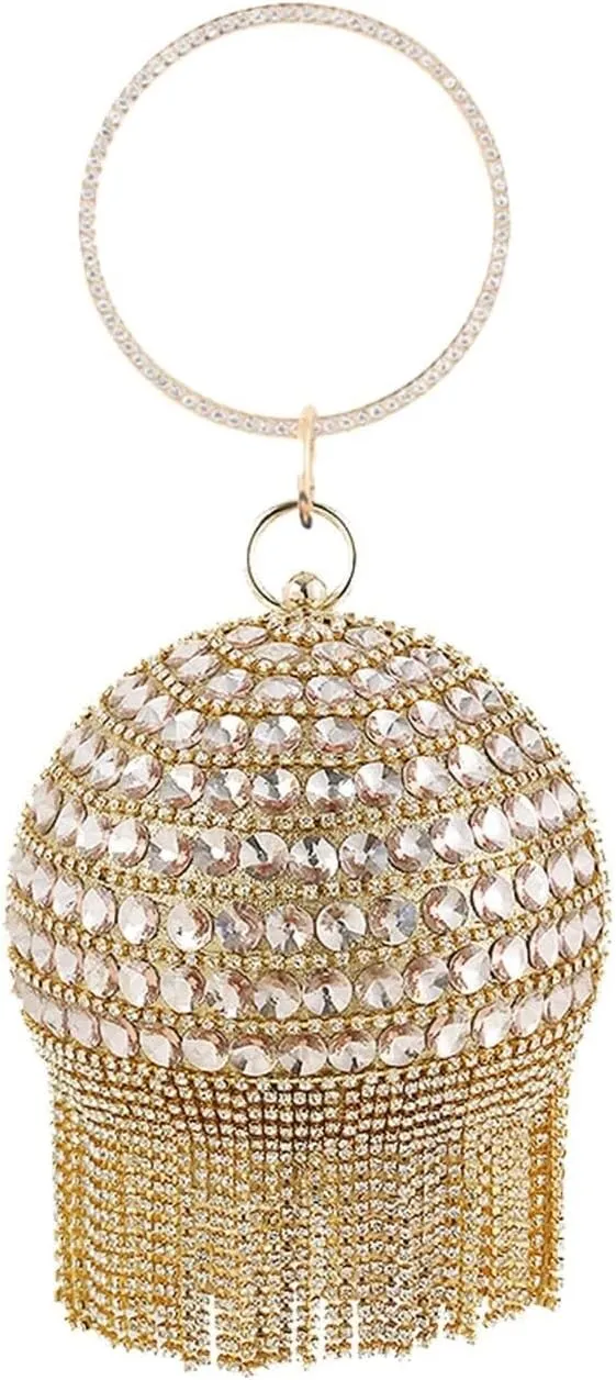 Womens Round Ball Evening Crystal Tassel Clutch Purse Sparkly Rhinestone Shoulder Bridal Wedding Purse Crossbody Banquet