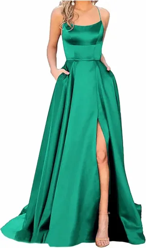 Women's Satin Dresses Long Ball Gown with Slit Backless Spaghetti Straps Formal Evening Dress for Wedding