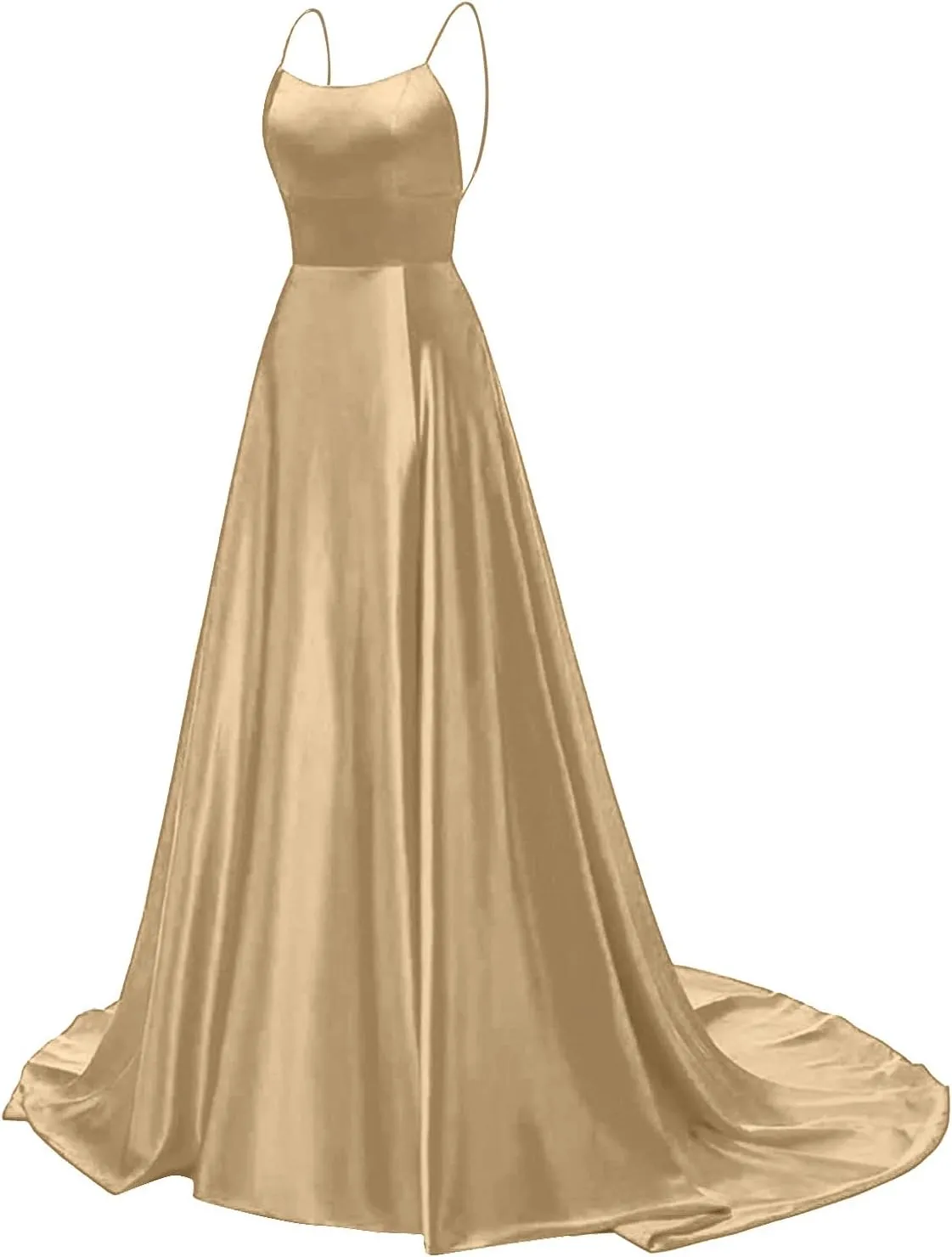Women's Satin Dresses Long Ball Gown with Slit Backless Spaghetti Straps Formal Evening Dress for Wedding