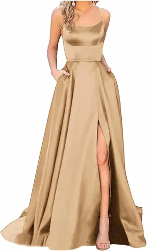 Women's Satin Dresses Long Ball Gown with Slit Backless Spaghetti Straps Formal Evening Dress for Wedding