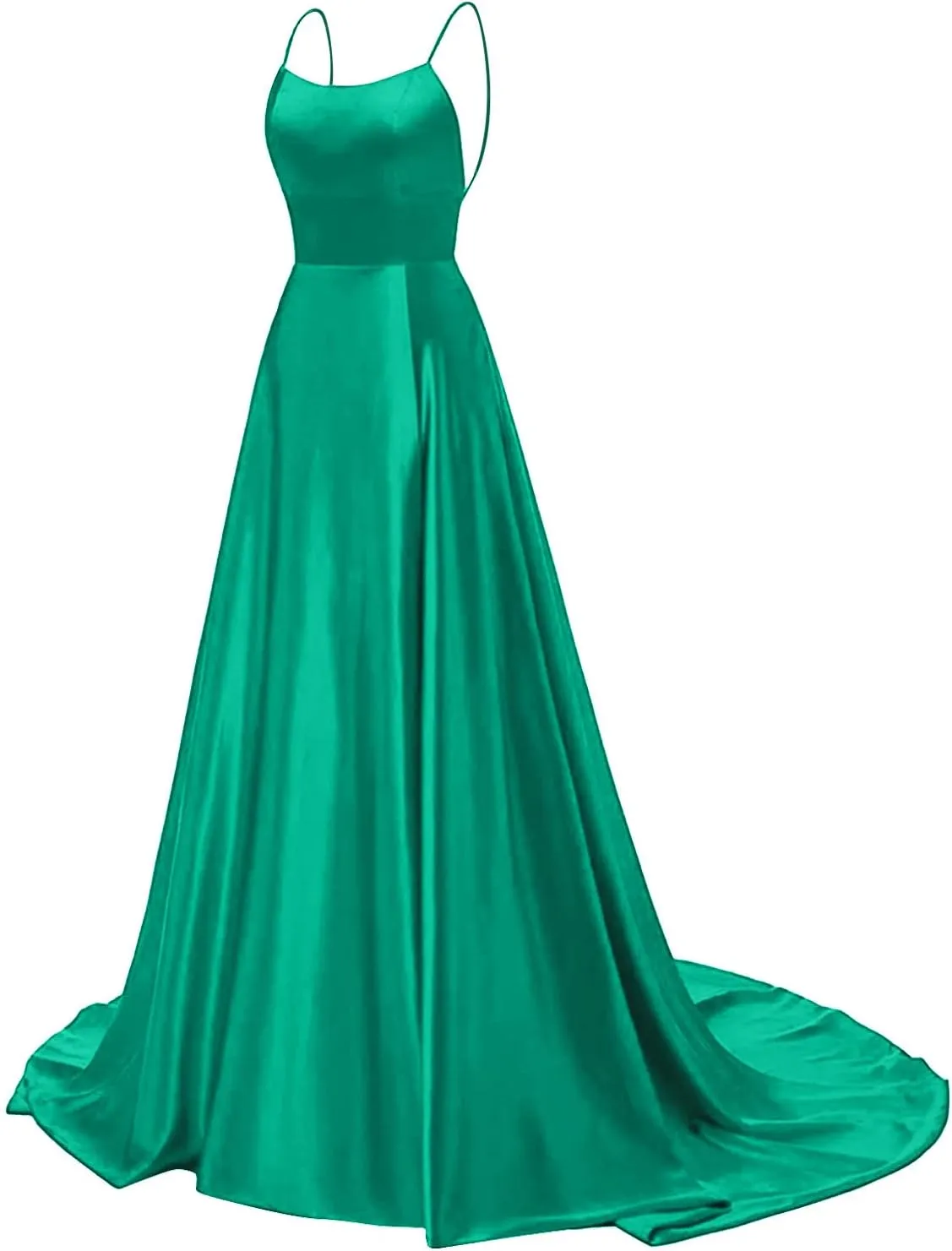 Women's Satin Dresses Long Ball Gown with Slit Backless Spaghetti Straps Formal Evening Dress for Wedding
