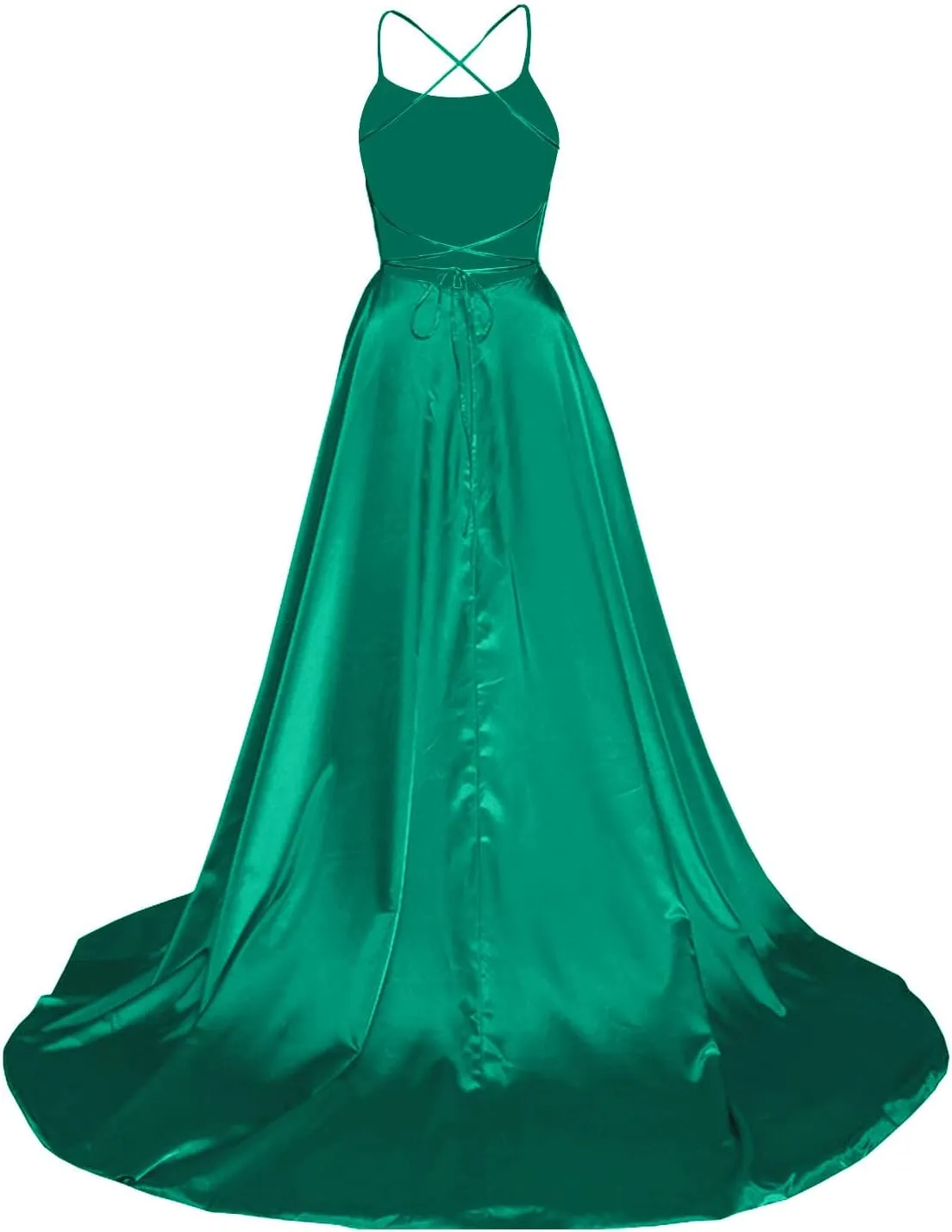 Women's Satin Dresses Long Ball Gown with Slit Backless Spaghetti Straps Formal Evening Dress for Wedding