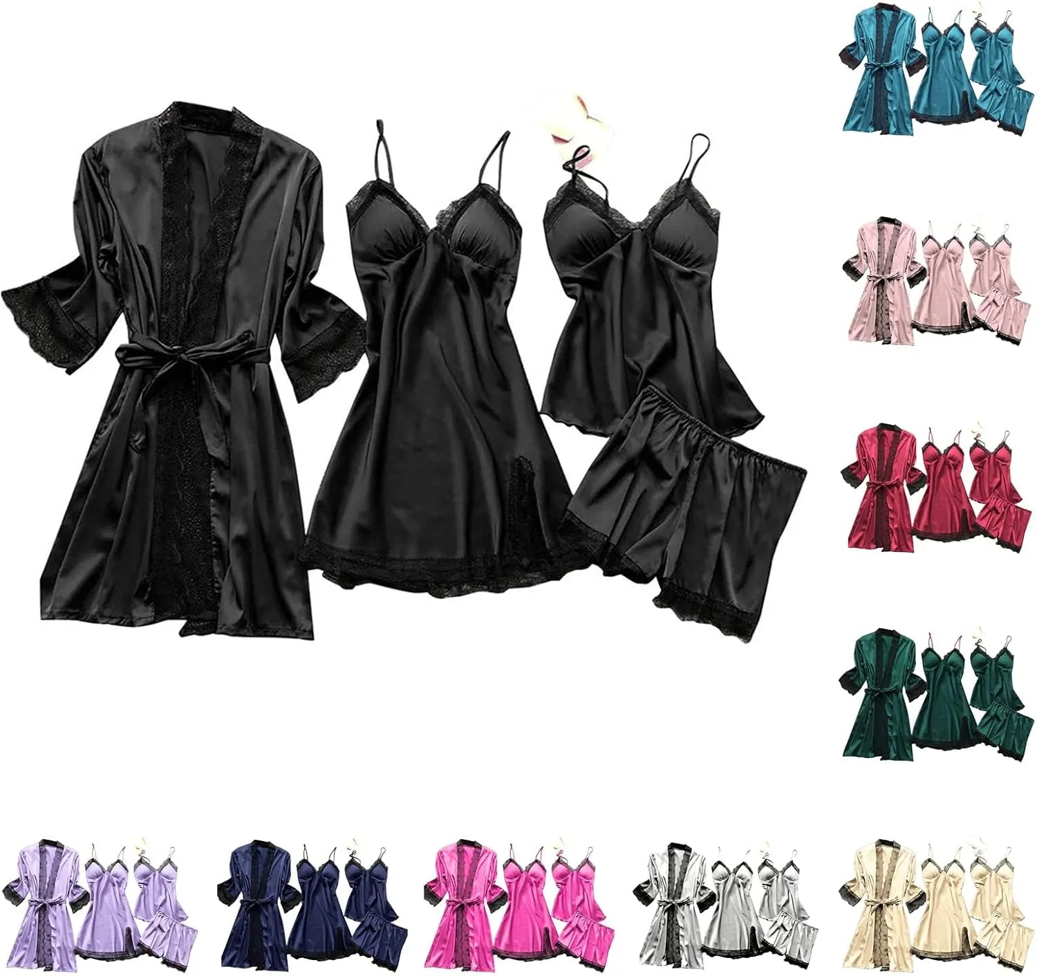 Women's Satin Pajamas Sets 4Pcs Nightgown Robe Set Floral Lace Lingerie Cami Shorts Sleepwear Nightdress Fashion