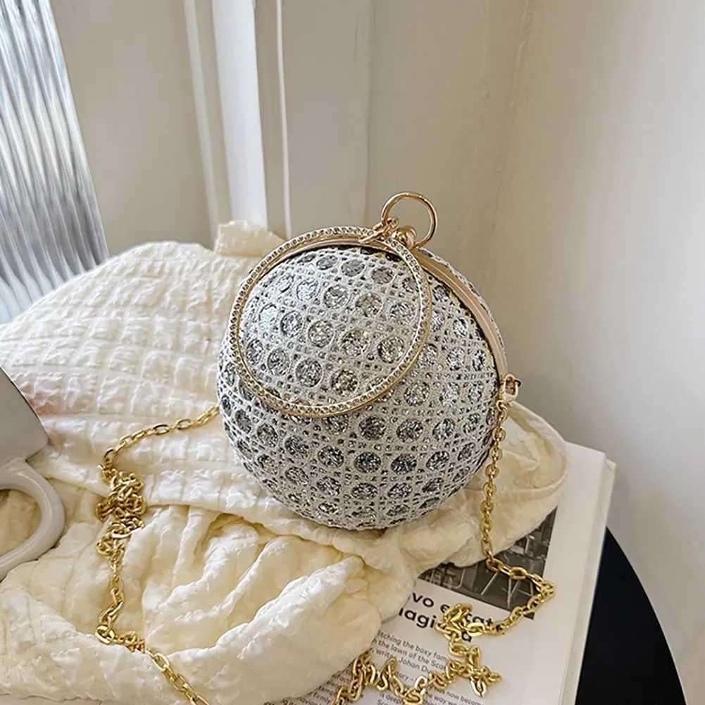 Women's Sequin Glitter Ball Sparkly Diamond Shoulder Bag, Vintage Chain Clutch Crossbody Bag, Ring Dinner Party Tote Purse