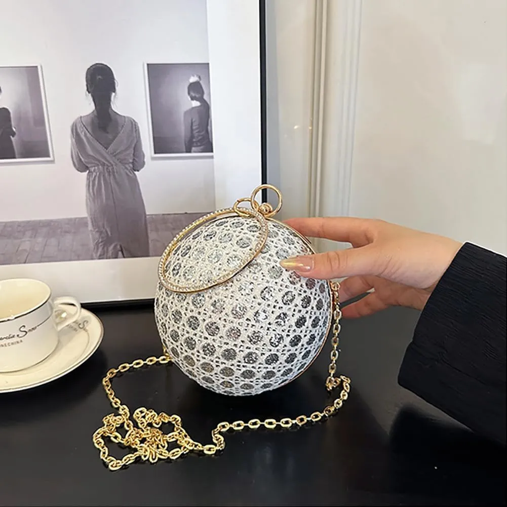 Women's Sequin Glitter Ball Sparkly Diamond Shoulder Bag, Vintage Chain Clutch Crossbody Bag, Ring Dinner Party Tote Purse