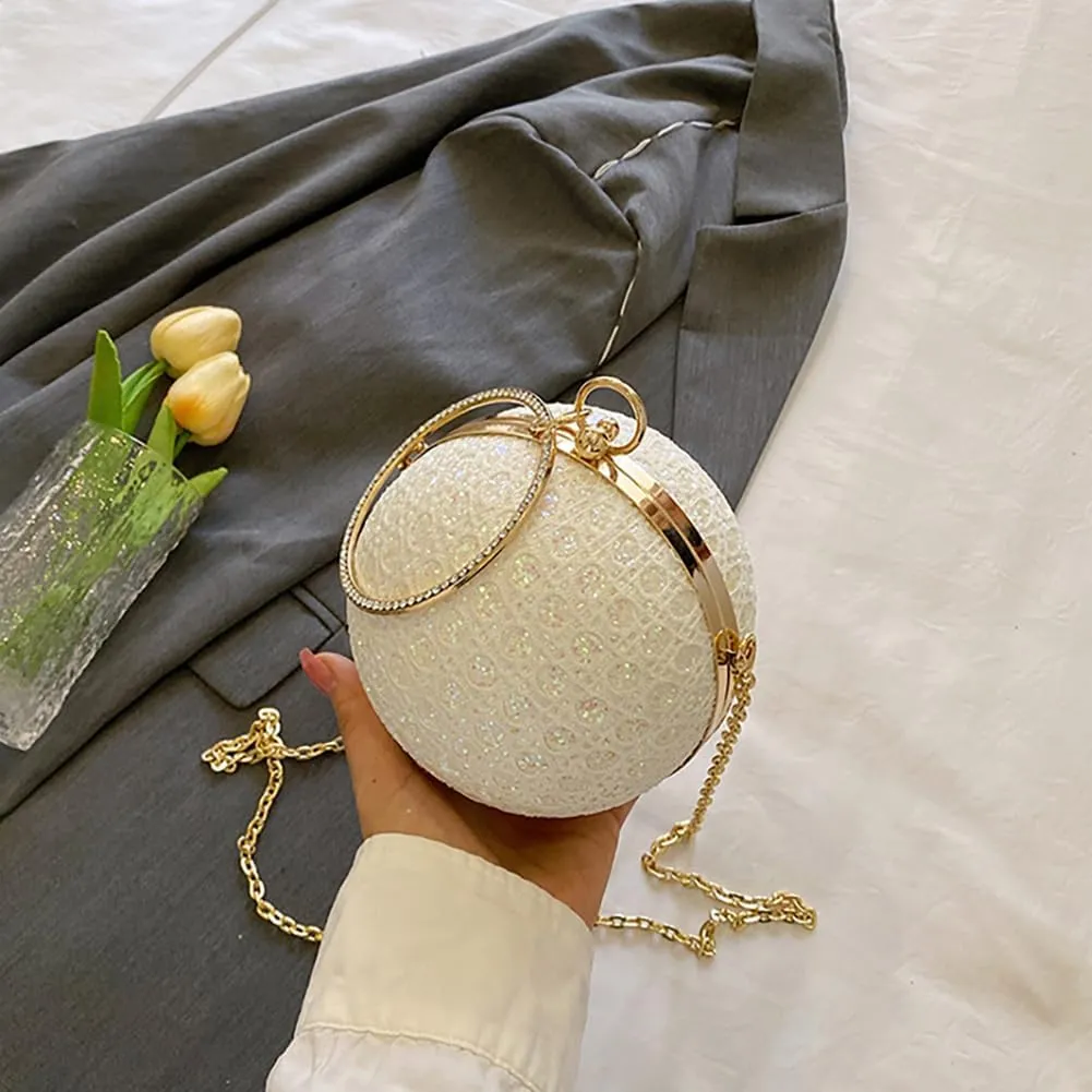 Women's Sequin Glitter Ball Sparkly Diamond Shoulder Bag, Vintage Chain Clutch Crossbody Bag, Ring Dinner Party Tote Purse