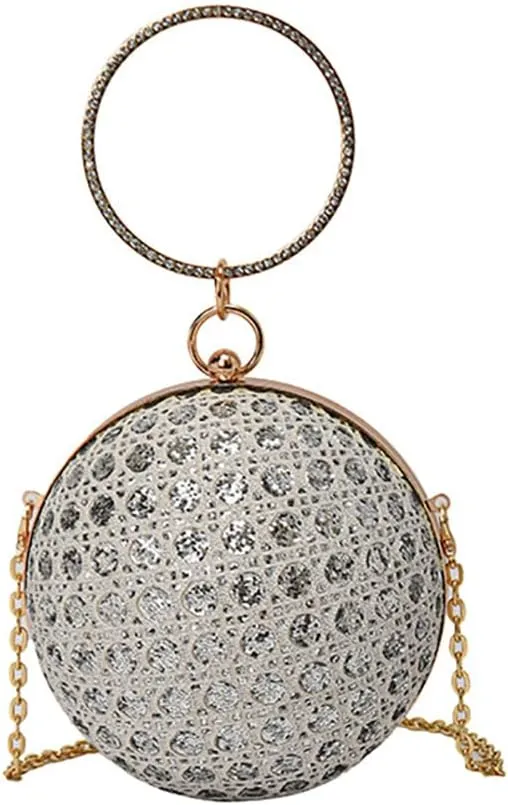 Women's Sequin Glitter Ball Sparkly Diamond Shoulder Bag, Vintage Chain Clutch Crossbody Bag, Ring Dinner Party Tote Purse