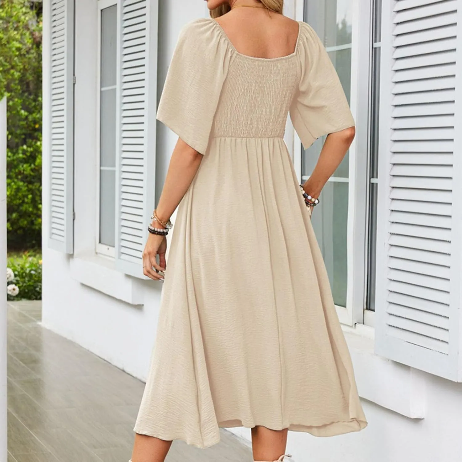Womens Short Sleeve Sexy V Neck Tie Front Dress Boho A-Line Flowy Midi Sun Dresses Summer Fashion Smocked Dress