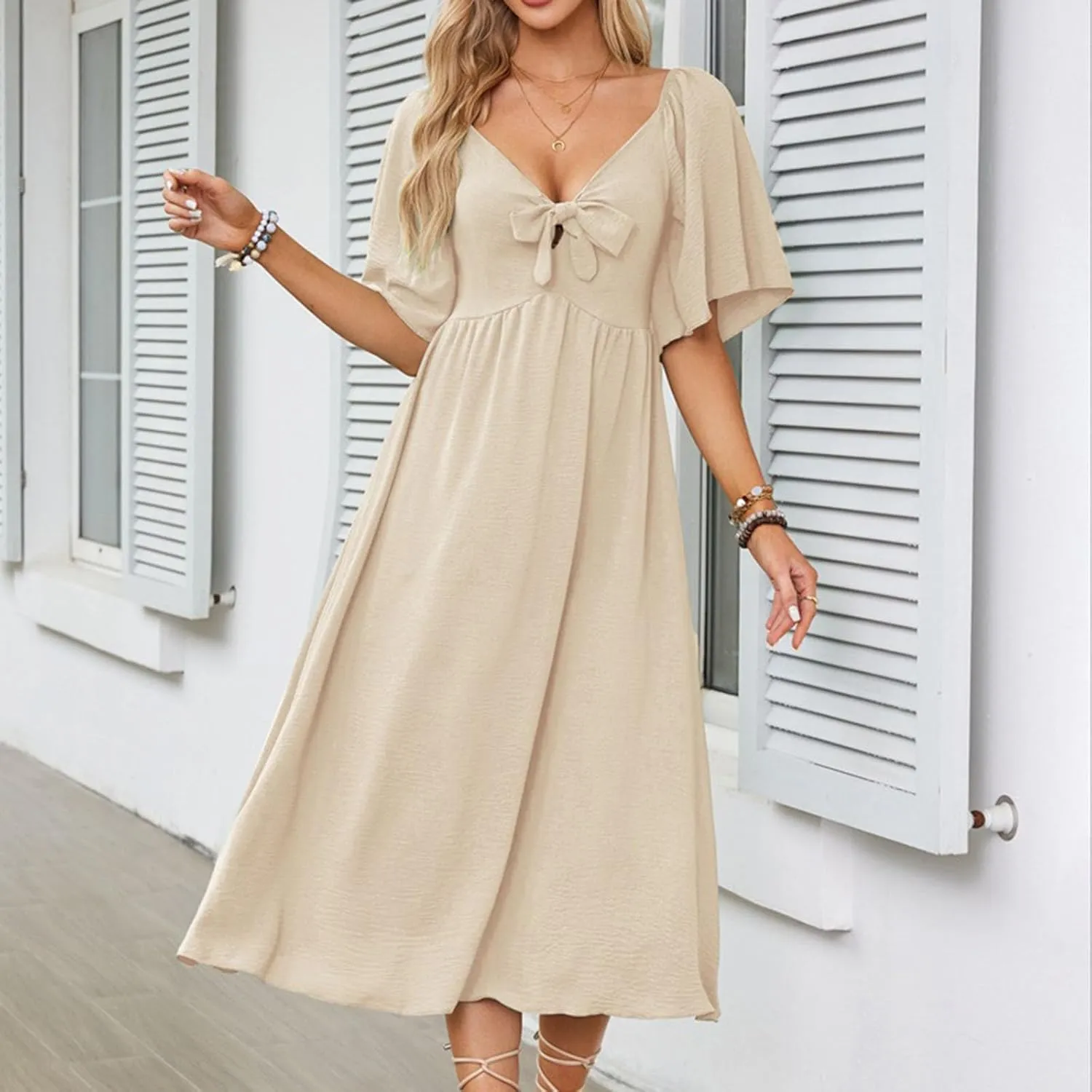 Womens Short Sleeve Sexy V Neck Tie Front Dress Boho A-Line Flowy Midi Sun Dresses Summer Fashion Smocked Dress