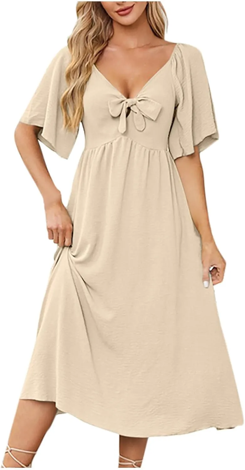 Womens Short Sleeve Sexy V Neck Tie Front Dress Boho A-Line Flowy Midi Sun Dresses Summer Fashion Smocked Dress