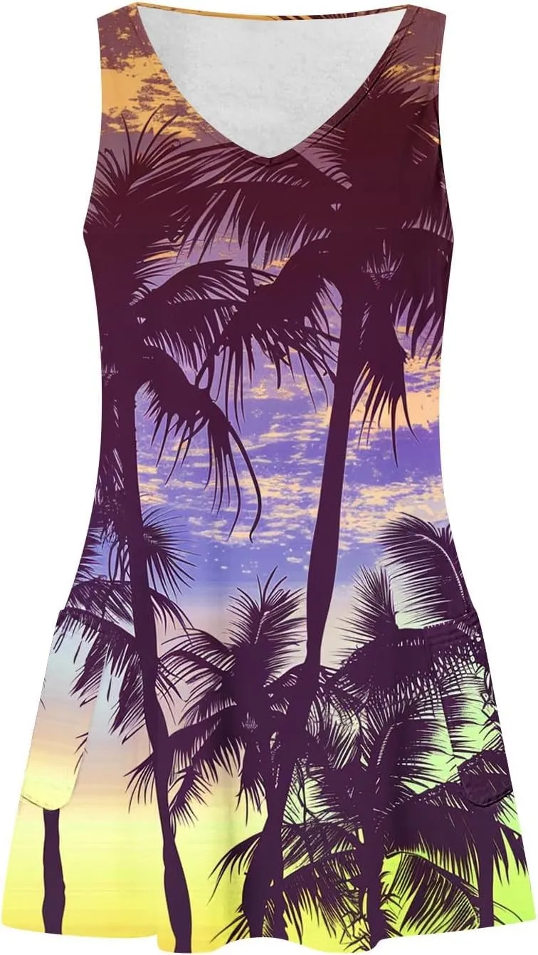 Women's Sleeveless Mini Tank Dress Casual Summer Beach Sun Dresses Loose V Neck T-Shirt Dress Sundress with Pocket