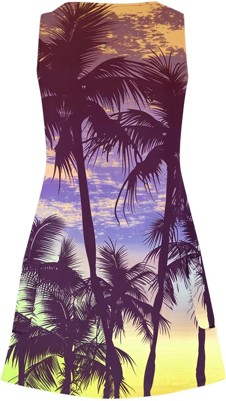 Women's Sleeveless Mini Tank Dress Casual Summer Beach Sun Dresses Loose V Neck T-Shirt Dress Sundress with Pocket