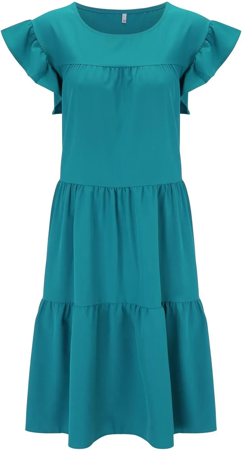 Women's Summer Casual Dress Cute V Neck Mini Dress Loose Short Sleevele Ruffle Dress With Pocket