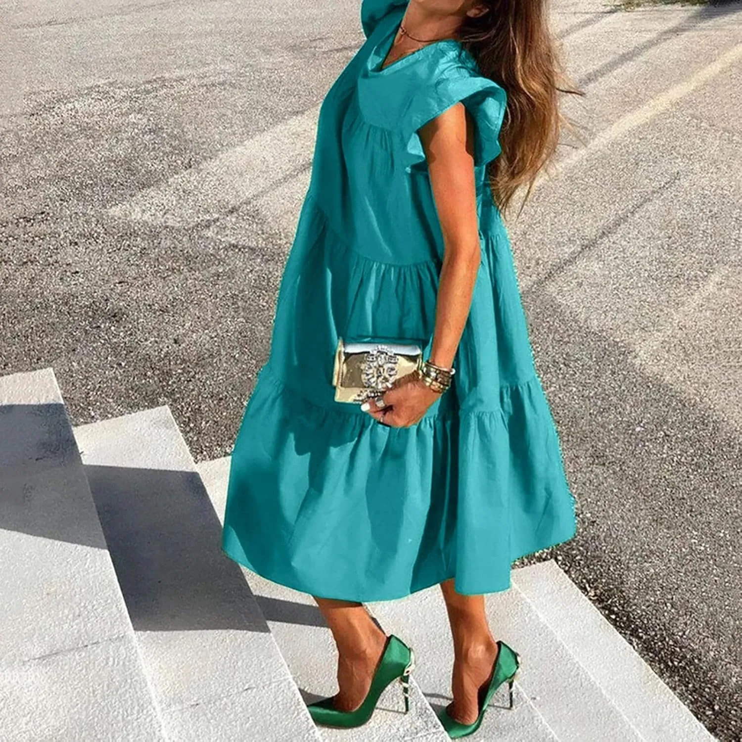 Women's Summer Casual Dress Cute V Neck Mini Dress Loose Short Sleevele Ruffle Dress With Pocket