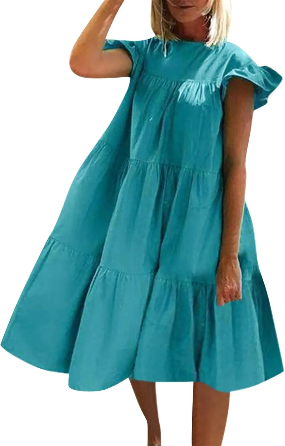 Women's Summer Casual Dress Cute V Neck Mini Dress Loose Short Sleevele Ruffle Dress With Pocket