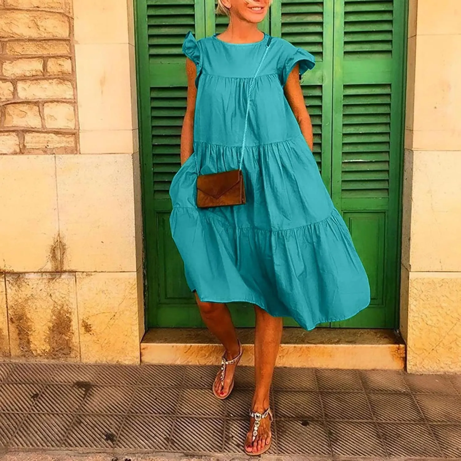 Women's Summer Casual Dress Cute V Neck Mini Dress Loose Short Sleevele Ruffle Dress With Pocket