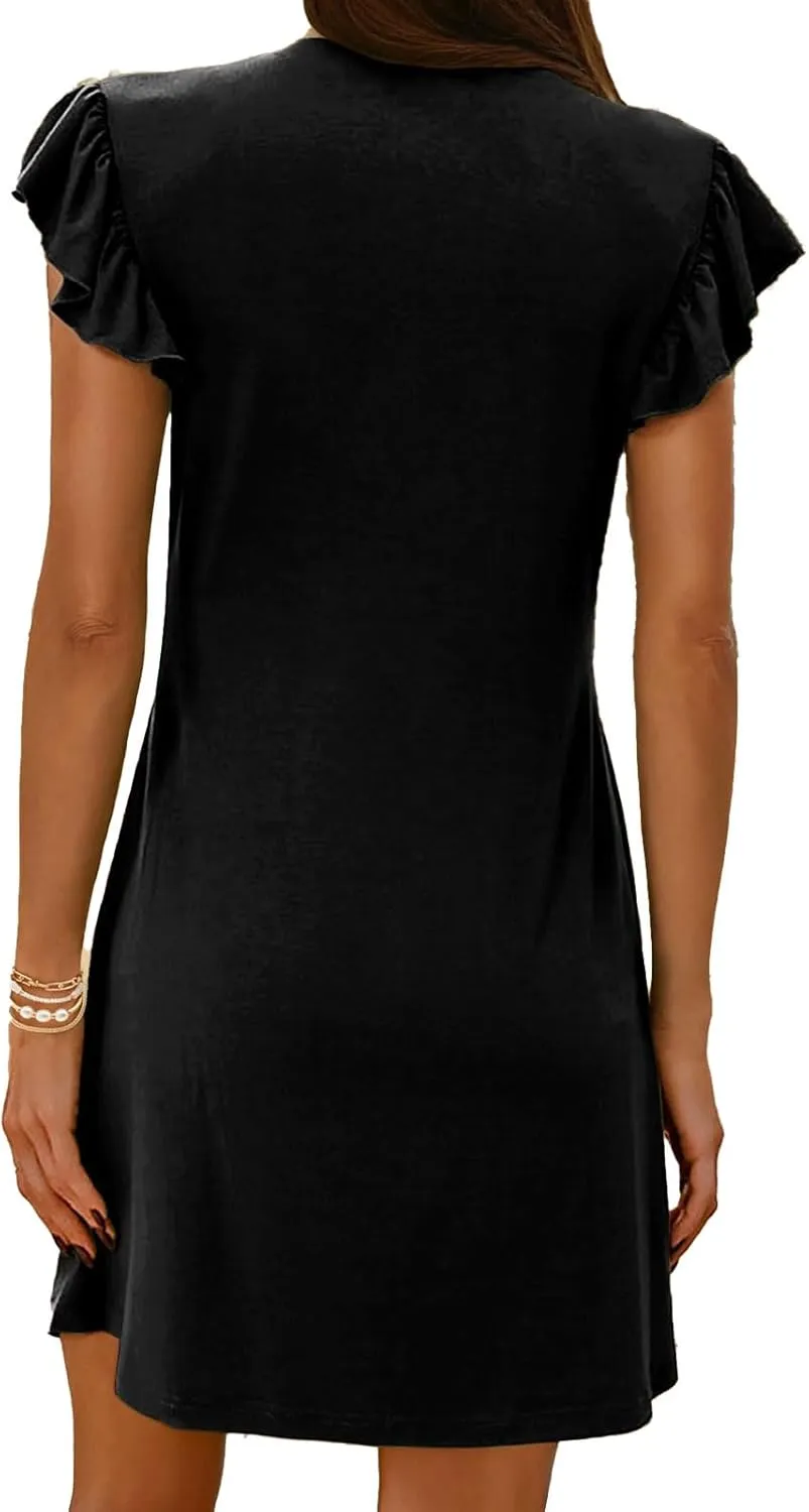 Women's Summer Dresses Casual Babydoll Mini Dress Ruffle Sleeve Deep V Neck T Shirt Dress Tunic Sundress