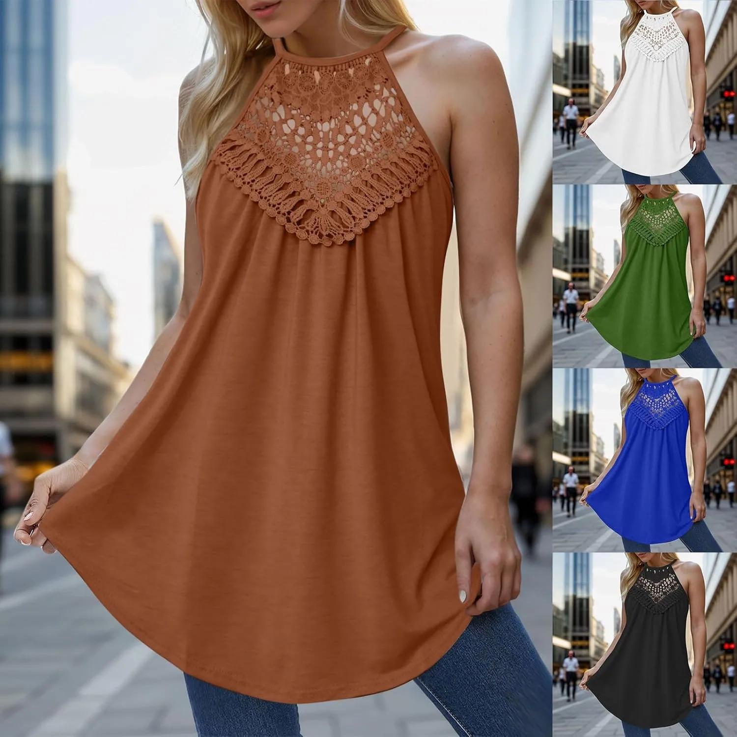 Women's Summer Halter Spaghetti Strap Flowy Tank Tops Sleeveless Shirts Blouses Lace Cami Camisole