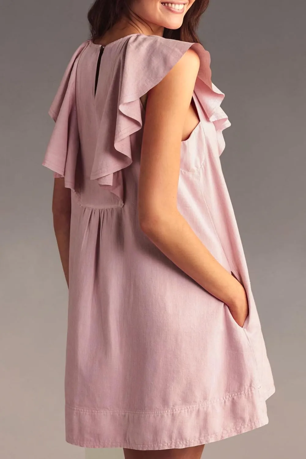 Women's Summer Mini Dress Ruffle Sleeveless Shift Dress Casual V Neck Button Front Loose Dress