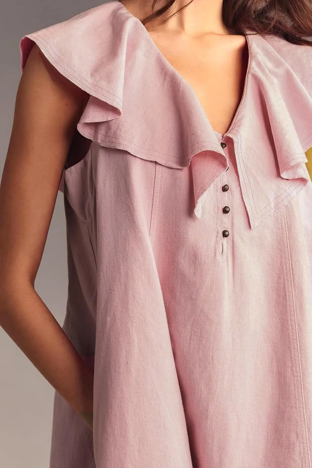 Women's Summer Mini Dress Ruffle Sleeveless Shift Dress Casual V Neck Button Front Loose Dress