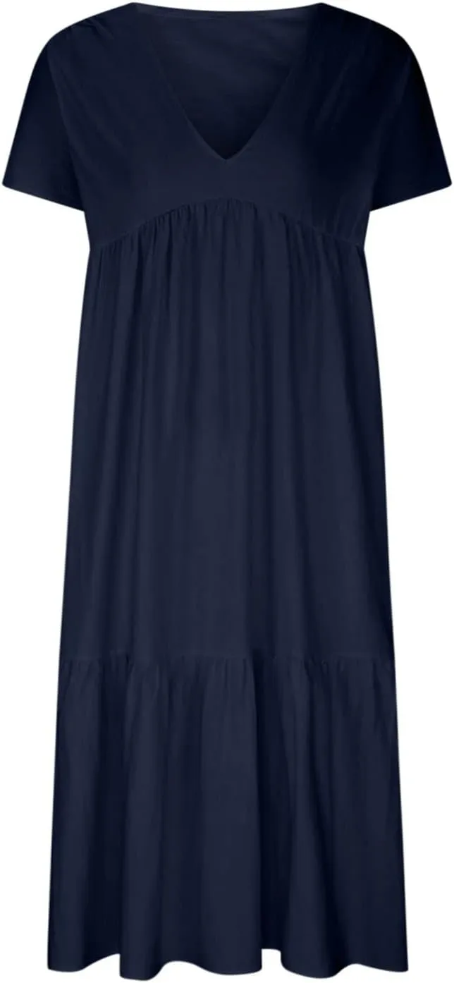 Womens Summer Short Sleeve V Neck Midi Dress 2025 Fashion Casual Fit Flowy Tiered Boho Beach Vacation Sundress