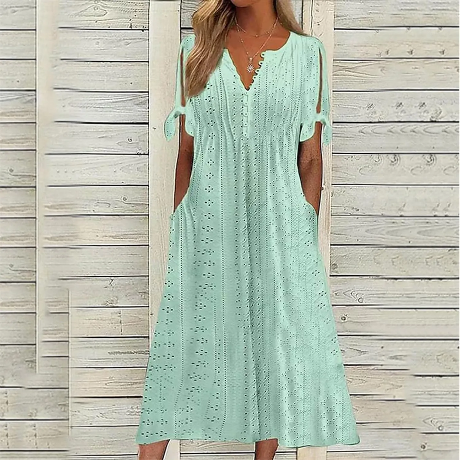 Women's Summer V Neck Button Tie Short Sleeve Boho Dress Pleated Casual Flowy Beach Vacation Midi Dresses