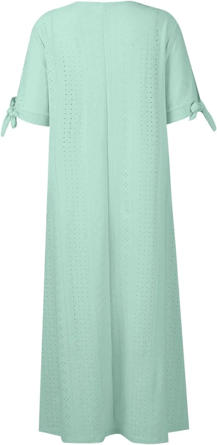 Women's Summer V Neck Button Tie Short Sleeve Boho Dress Pleated Casual Flowy Beach Vacation Midi Dresses