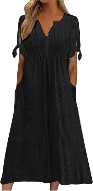 Women's Summer V Neck Button Tie Short Sleeve Boho Dress Pleated Casual Flowy Beach Vacation Midi Dresses