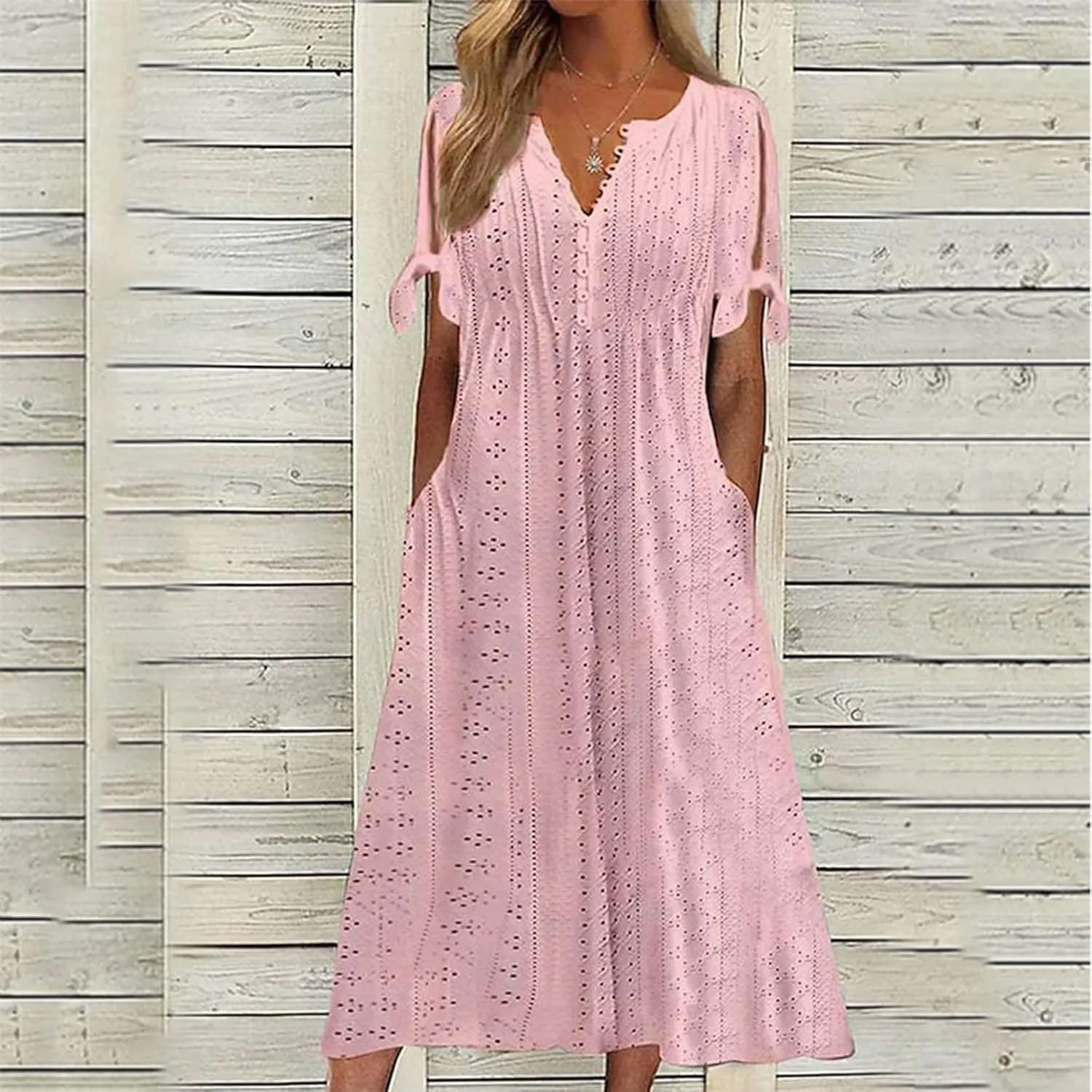 Women's Summer V Neck Button Tie Short Sleeve Boho Dress Pleated Casual Flowy Beach Vacation Midi Dresses