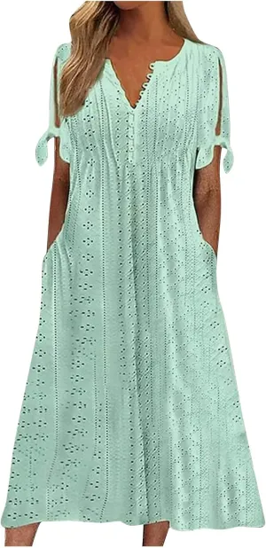 Women's Summer V Neck Button Tie Short Sleeve Boho Dress Pleated Casual Flowy Beach Vacation Midi Dresses