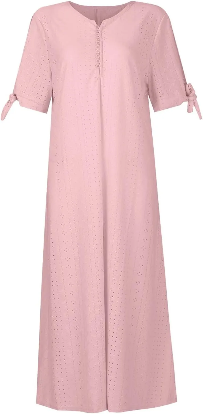 Women's Summer V Neck Button Tie Short Sleeve Boho Dress Pleated Casual Flowy Beach Vacation Midi Dresses