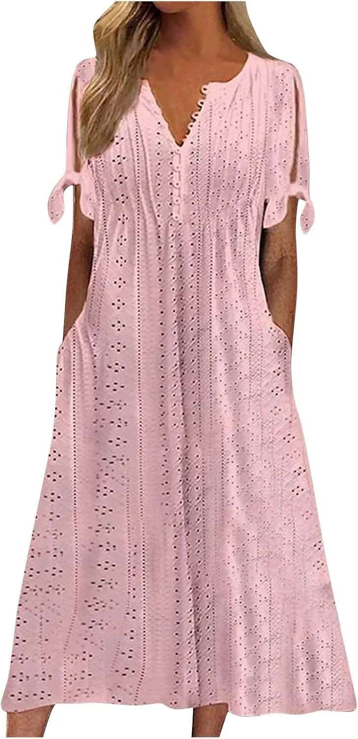 Women's Summer V Neck Button Tie Short Sleeve Boho Dress Pleated Casual Flowy Beach Vacation Midi Dresses