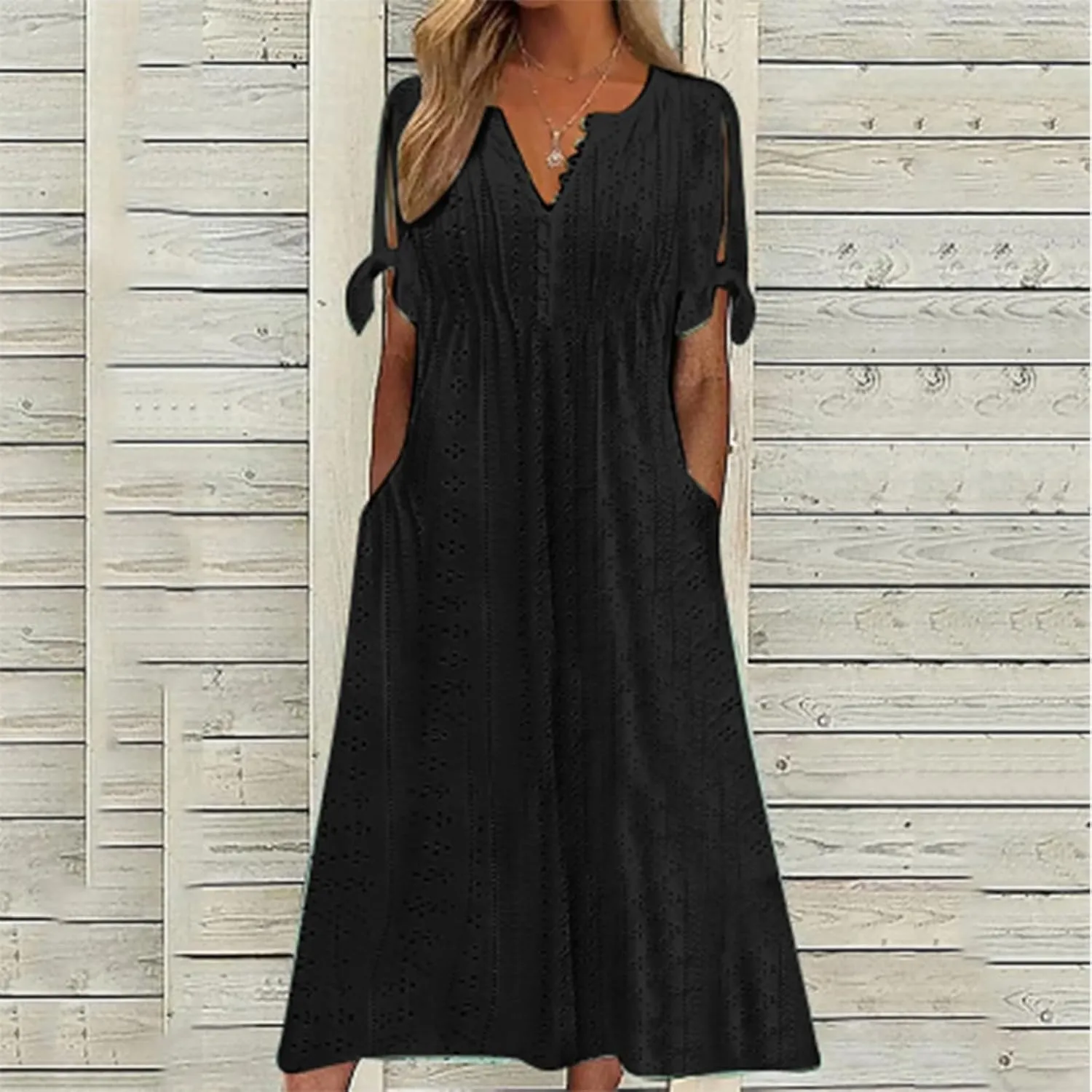 Women's Summer V Neck Button Tie Short Sleeve Boho Dress Pleated Casual Flowy Beach Vacation Midi Dresses