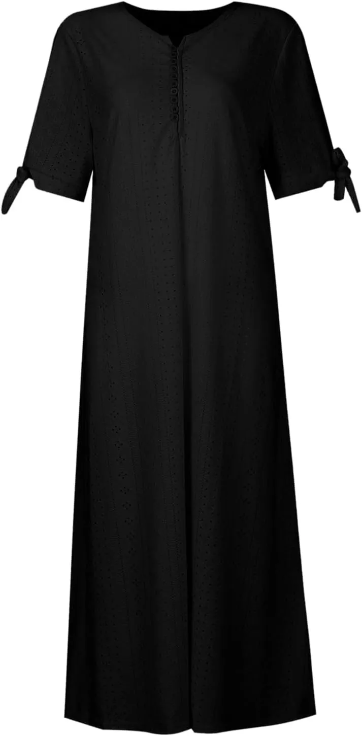 Women's Summer V Neck Button Tie Short Sleeve Boho Dress Pleated Casual Flowy Beach Vacation Midi Dresses