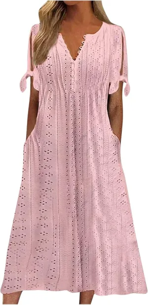 Women's Summer V Neck Button Tie Short Sleeve Boho Dress Pleated Casual Flowy Beach Vacation Midi Dresses