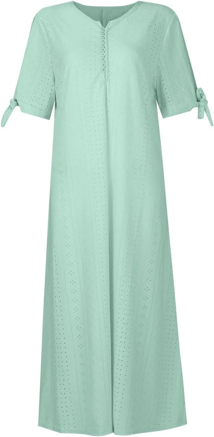 Women's Summer V Neck Button Tie Short Sleeve Boho Dress Pleated Casual Flowy Beach Vacation Midi Dresses