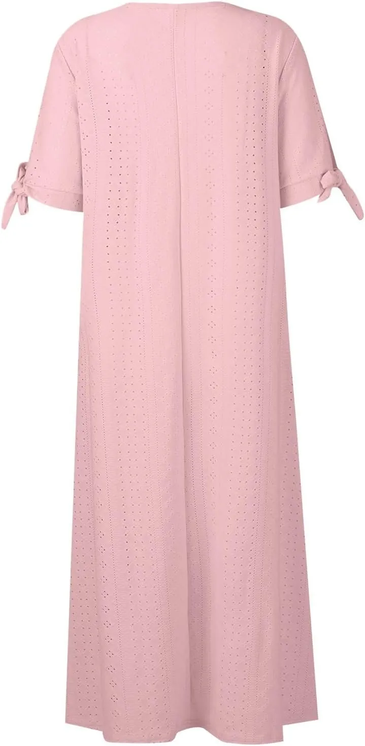 Women's Summer V Neck Button Tie Short Sleeve Boho Dress Pleated Casual Flowy Beach Vacation Midi Dresses