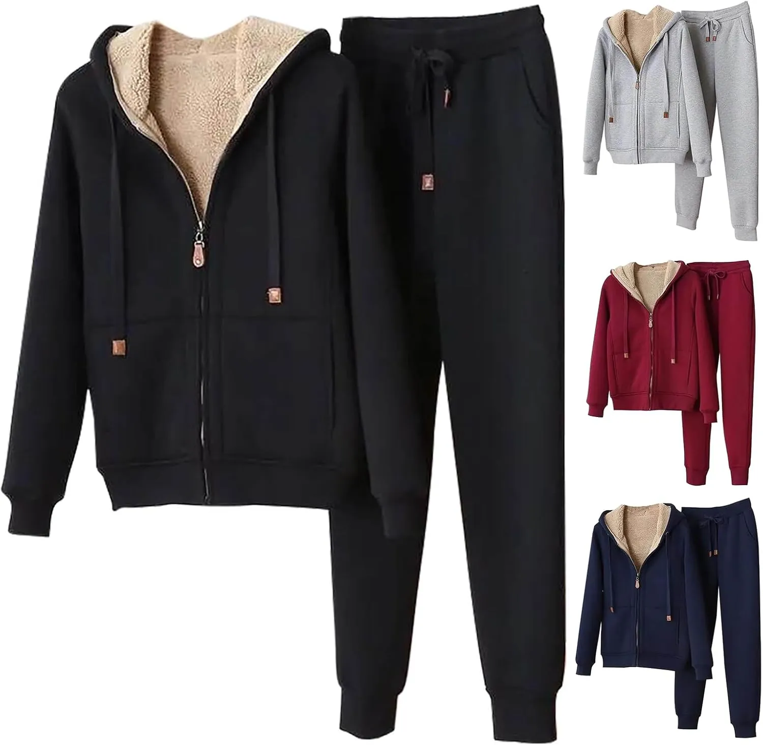 Womens Sweatsuits 2 Piece Set Zip Up Hooded Sweatshirt Jogging Pants Sherpa Fleece Lined Hoodie Thicken Warm Tracksuit