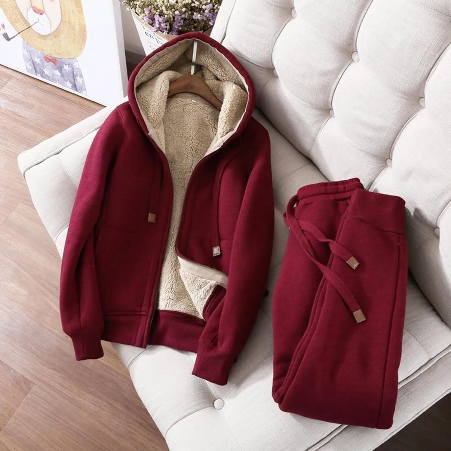 Womens Sweatsuits 2 Piece Set Zip Up Hooded Sweatshirt Jogging Pants Sherpa Fleece Lined Hoodie Thicken Warm Tracksuit
