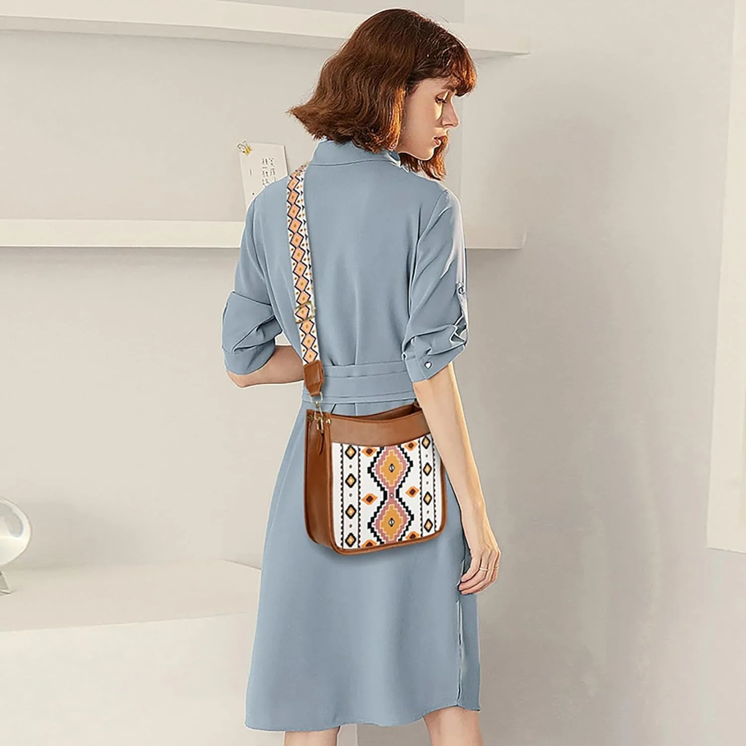 Womens Trendy Shoulders Bags, Vegan Leather Canvas Crossbody Bags with Zipped Pockets