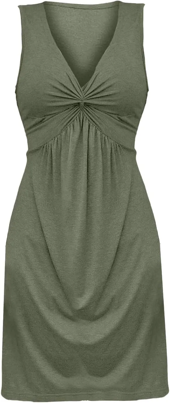 Womens Twist Front V Neck Summer Sleeveless A Line Dress Casual Beach Party Tunic Slim Fit Sexy Bodycon Mini Sundress