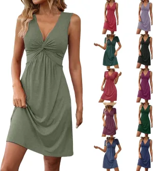 Womens Twist Front V Neck Summer Sleeveless A Line Dress Casual Beach Party Tunic Slim Fit Sexy Bodycon Mini Sundress