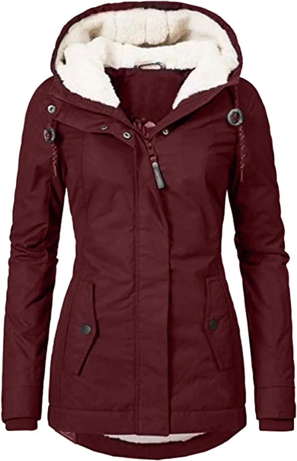 Women's Warm Coat Padded Jacket Outwear Fur Lined Trench Winter Hooded Coats Solid Color Thick Overcoat