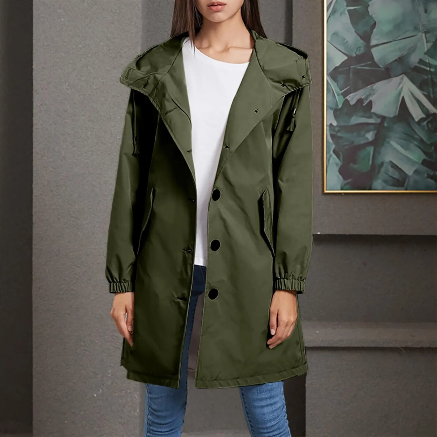 Women's Waterproof Raincoats Button Down Trench Coat with Hood Lightweight Travel Jackets Trendy Windbreaker Jacket