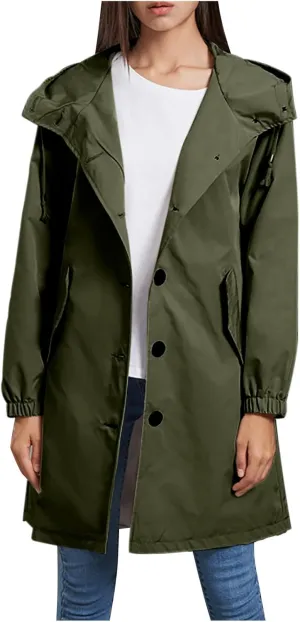 Women's Waterproof Raincoats Button Down Trench Coat with Hood Lightweight Travel Jackets Trendy Windbreaker Jacket