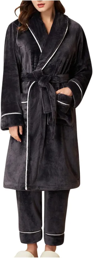 Womens Winter Flannel Pajama Sets Fluffy Fleece Long Bathrobe with Pant Warm Shower Nightgown,Pocket,Belted