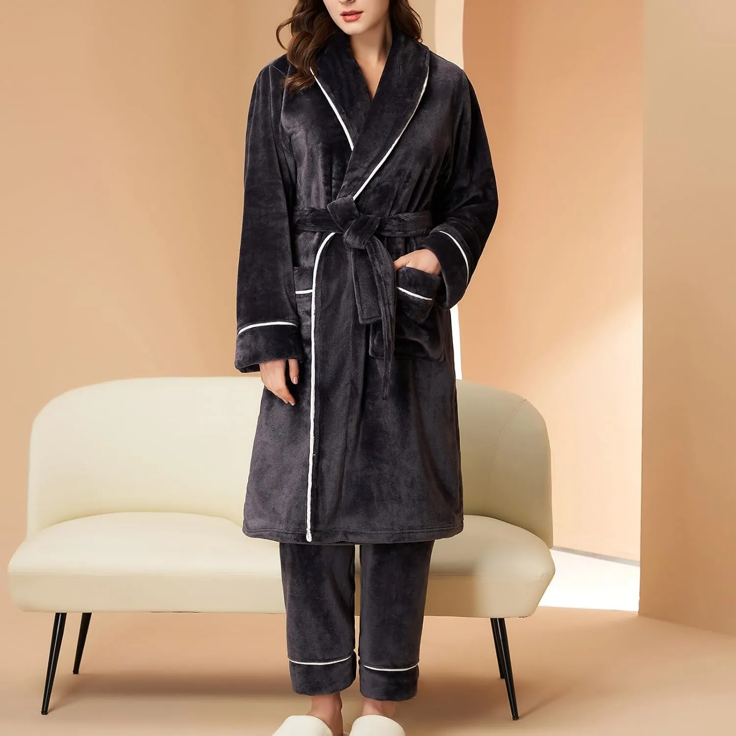 Womens Winter Flannel Pajama Sets Fluffy Fleece Long Bathrobe with Pant Warm Shower Nightgown,Pocket,Belted