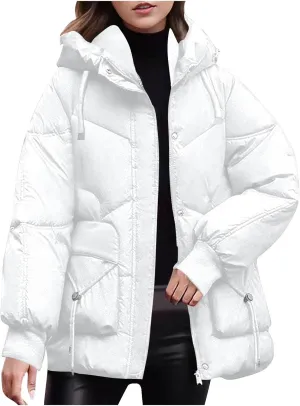 Womens Winter Padded Jacket Casual Hooded Puffer Jackets Zip Up Quilted Warm Outerwear Plain Down Coats