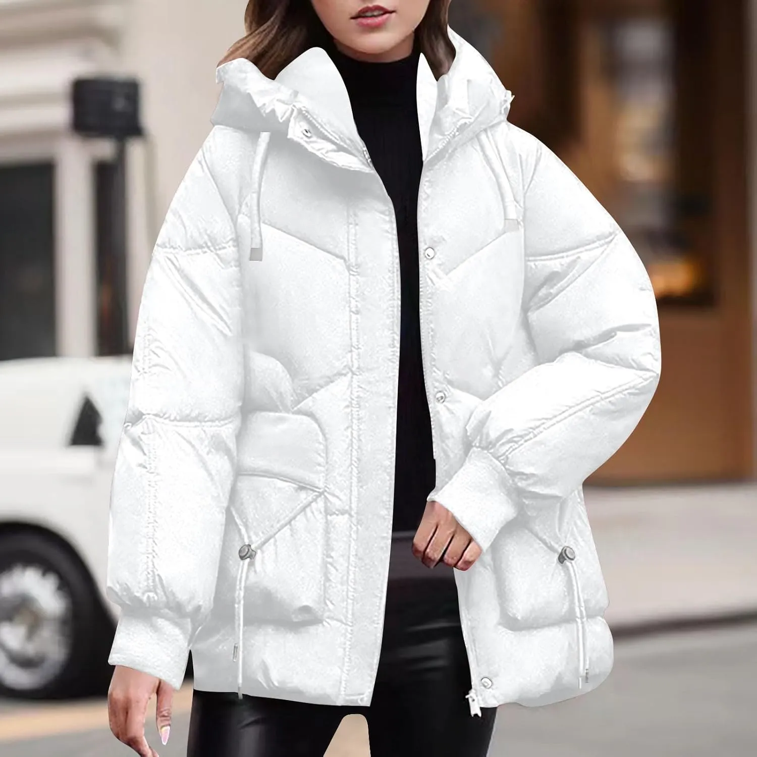 Womens Winter Padded Jacket Casual Hooded Puffer Jackets Zip Up Quilted Warm Outerwear Plain Down Coats